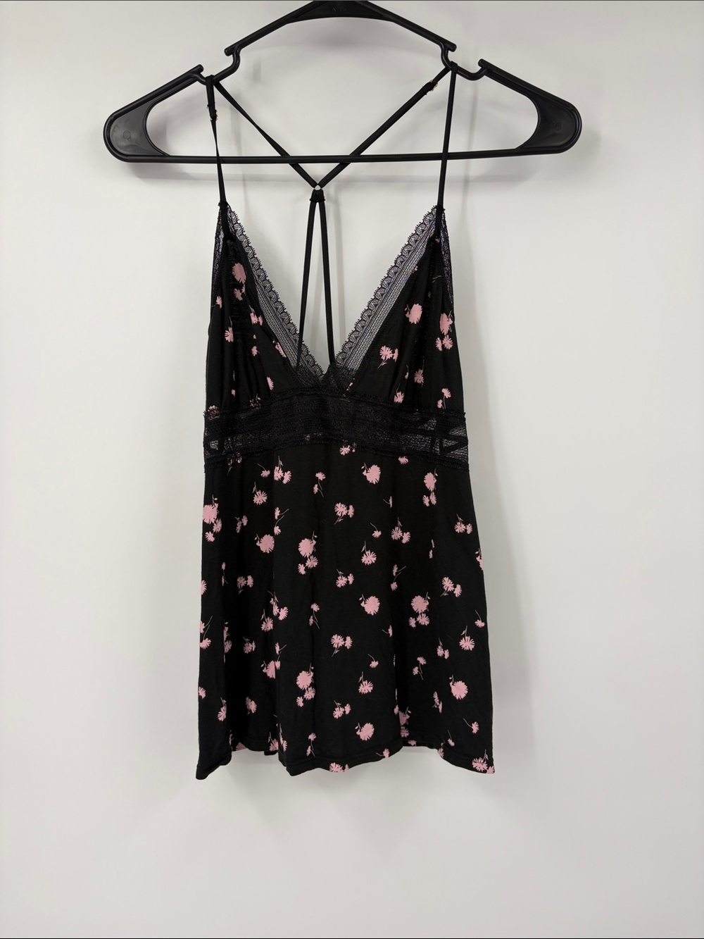 Victorias Secret Black and Pink Floral Lace Sleep Tank Top Size Large